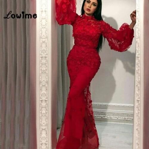 Red Abendkleider Dubai Arabic Evening Dress 2019 New Custom Long Sleeves Wedding Party Dress Robe De Soiree Mermaid Prom Dresses