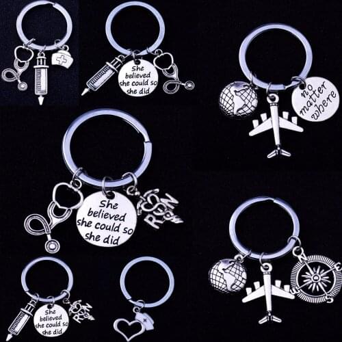 Chic Syringe Stethoscope Caduceus Charms Keyring Traveler Wanderlust Doctor Nurse Gift Keychain Graduation Inspirational Jewelry