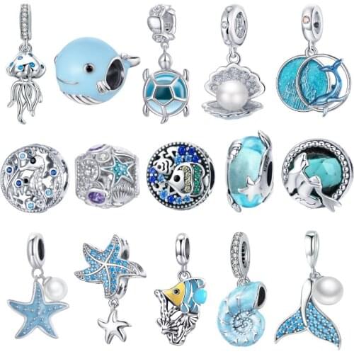 100% 925 Sterling Silver Ocean Style Fish dolphin Mermaid Shell Beads Blue CZ Charms For Original DIY Bracelet Jewelry