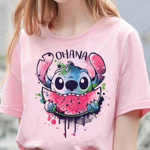 Kawaii Disney Lilo Stitch T Shirt Women Summer Tops Cartoon Stitch Ohana Graphic Tees Y2k Vogue Cute Disney Anime T-shirt Female