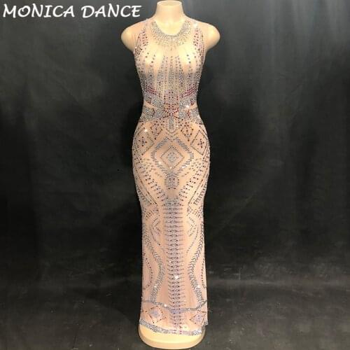 Sparkly Rhinestones Mesh Long Dress Perspective Outfit Sexy Female Singer Stage Evening Luxurious Dress Womens Birthday Outfit