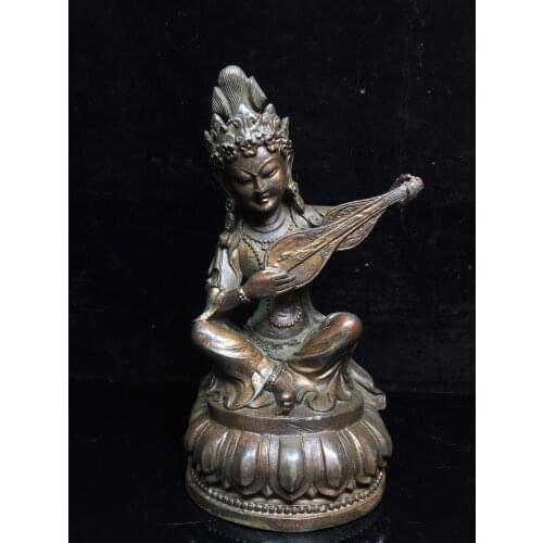 9"Chinese temple collection Old Bronze Cinnabar Lacquer Northern Wei Buddha Pipa Tara Guanyin Bodhisattva Sitting Buddha