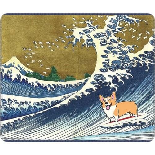 Corgi Dog Surfing The Great Wave Novelty Mouse Pad Lockedge Soft Mat Rubber Computer Keyboard Desk Pad