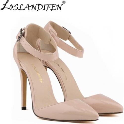 LOSLANDIFEN Pointed Toe Women Pumps Nude Stiletto Sexy Ladies High Heels Shoes Platform Ankle Strap Wedding Party 302-28PA