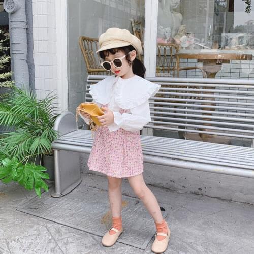 Girls Cute Clothes Sets Spring Autumn Fashion White Large Lapel Blouse With Suspender Skirt 3-7 Years Children Princess Outfits