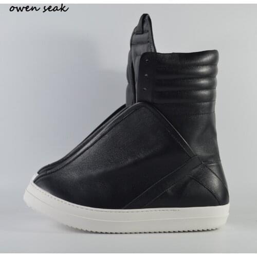 Owen Seak men Shoes High-TOP Ankle Luxury Trainers Genuine Leather Boots Casual Brand Zip Flats Black White Big Size Sneaker