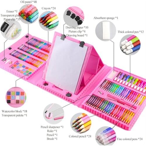 208pcs Childrens Painting Set Students Art Brush Birthday Christmas Gift Watercolor Pens & Oil Pastels & Colored Pencils Tools