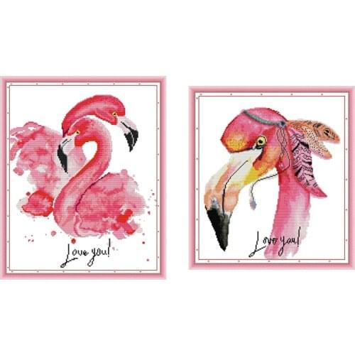 Joy Sunday Pink Flamingo Cross Stitch Kit DIY Animal Pattern Aida14CT 11CT Needlework Embroidery Set Home Decoration Painting