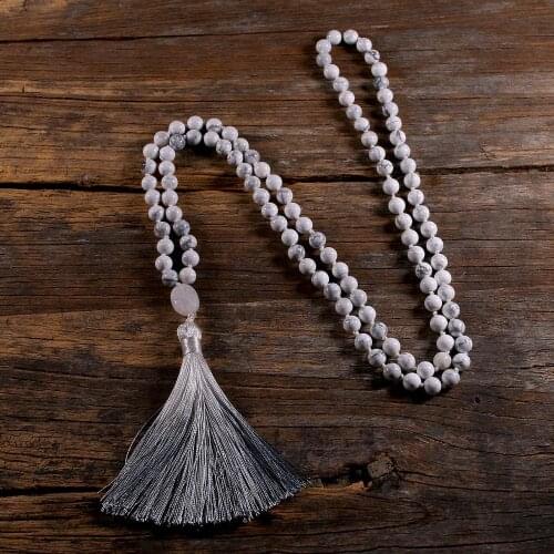 Natural Stone Howlite 108 Knotted JapaMala Necklaces For Women Payer Long Mala Grey Tassel Necklace Yoga Jewelry 8MM