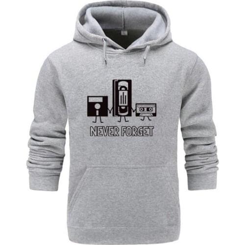 2019 NEW Never Forget Hooded Men Retro Media Floppy Brand Print Hoodies Black Long Sleeve Tops Plus Velvet Autumn Winter Clothes