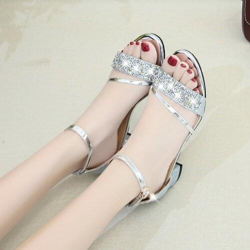 2021 New Sandals Womens New High-heeled Womens Sandals One Word Buckle Rhinestone Thick with Fish Mouth Womens Shoes