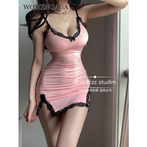 WOMENGAGA New V-neck Pink Thin Split Lace Sexy Skinny Hip Strap Tank Mini Party Dress Sexy Women Dresses Vintage Tops V4XV