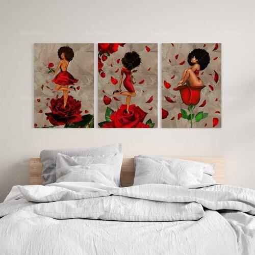 Black girl on rose poster canvas, 3-piece print set, black woman poster, rose lover poster, African American woman, African Amer