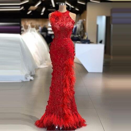 Real Photos Red Mermaid Prom Dresses Luxury Beading Flowers With Tassels Custom Made Evening Party Women Gowns