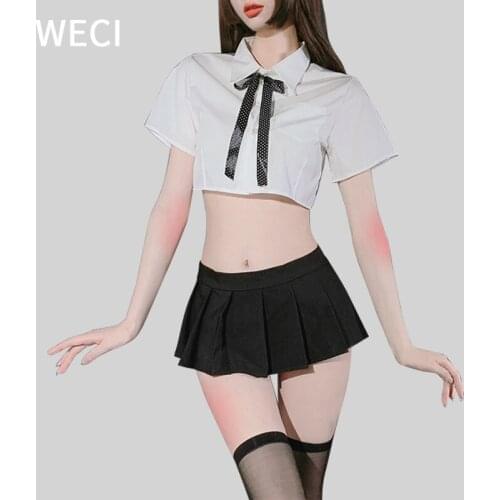 WECI Sexy Pure School Girl Outfit Cute Student JK Uniform Role Play Costumes White Shirt & Pleated Mini Skirt Suit British Style