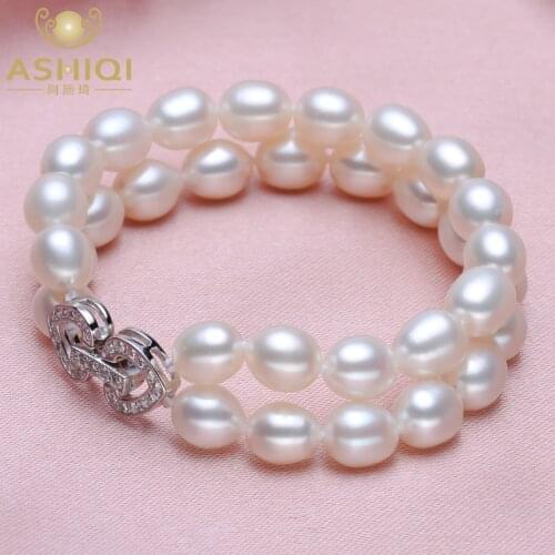 ASHIQI Double row Natural Freshwater Pearl Bracelets real 925 Silver heart clasp for women gift AAAA Rice pearl fine jewelry
