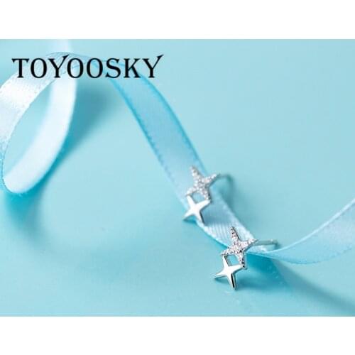 TOYOOSKY 2019 100% 925 Real Sterling Silver 2Pcs Womens Jewelry Fashion Cute CZ Stars Brightening Stud Earrings Gift For Girls