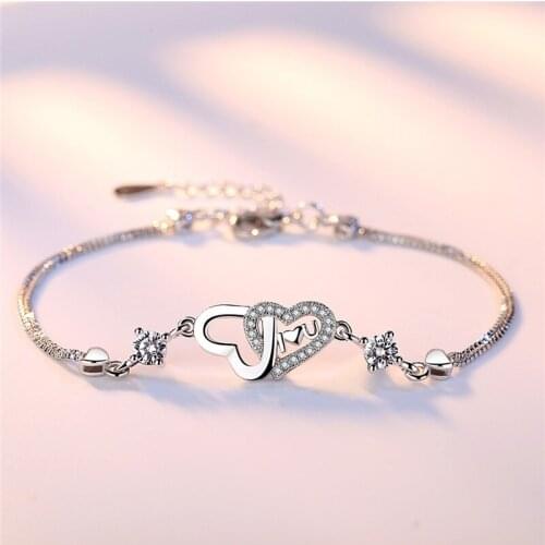 Womens Classic Elegant Double Hearts Connected Inlaid White/Purple AAA Zircon Bracelet Fashion Jewelry Gifts For Lovers BL0343