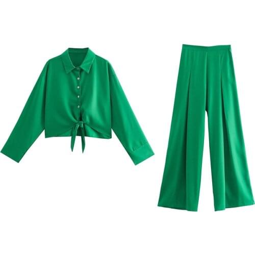 2021 New Summer Women Vintage Two-Piece Set Green streetwear Tie Loose Lapel Shirt Female High Waist Casual Trousers Pants Set