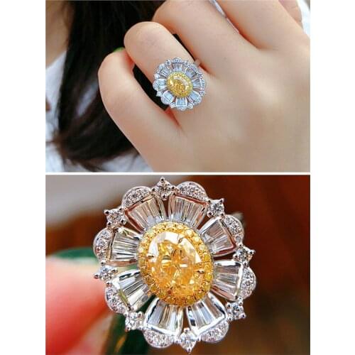 Vintage Luxury Sunflower Yellow Crystal Rings for Women Citrine Gemstones Diamonds White Gold Color Bague Jewelry Evening Party