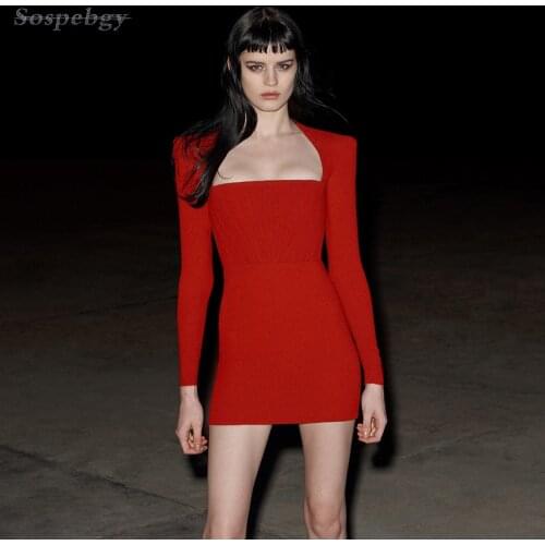Spring Womens Clothes Long Sleeve Mini Bodycon Bandage Dress Burgundy Square Neck Sexy Celebrity Runway Party Dresses