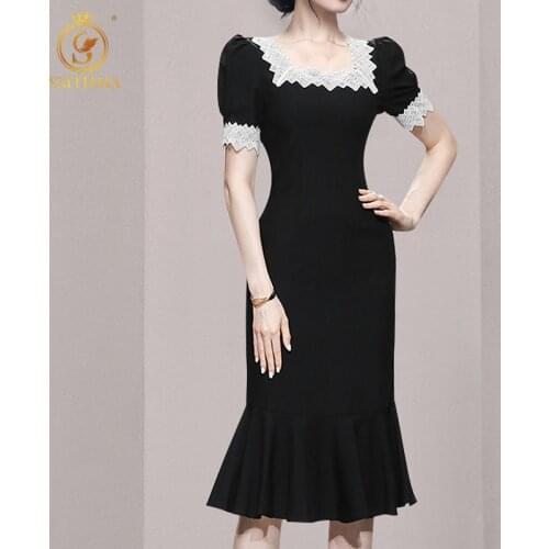 Womens Temperament Lace Patchwork Mermaid Dress For Women Square Collar Puff Short Sleeve High Waist Mid Dresses Female Clothes