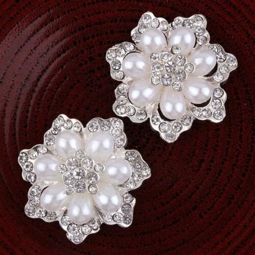 30pcs 40mm Flatback Flower Rhinestone Button Metal Pearl Button Wedding Embellishment Hair Bow DIY Hair Accessory
