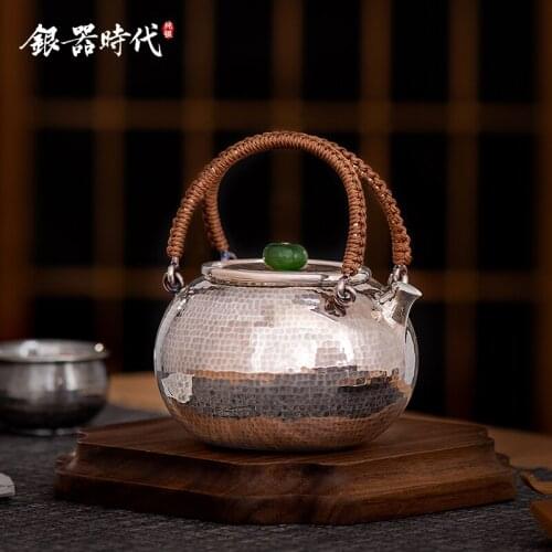 Ag999 Sterling Silver Teapot Hand-Forged Kitchen Utensils Built-in Filter Handmade Coffee Tea Pot
