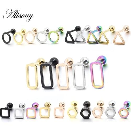 Alisouy 1 Pair Man women fashion earrings round triangle square hexagon rectangle ear stud stainless steel ear plug stud earring