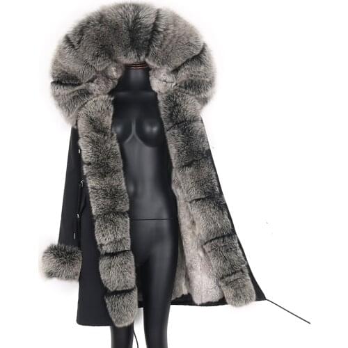 ANNSIRGRA 2021 Winter Women Coat Real Fur Hooded Windbreaker Waterproof Fabric Parka Zipper Loose Ladies Jackets