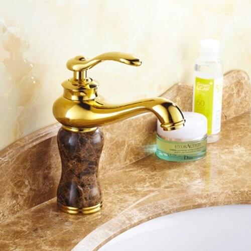 Free shipping Stone golden faucet and solid brass bathroom mixer tap with single handle hot cold gold basin sink faucets