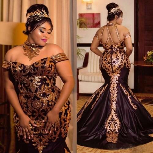Sparkly Gold Sequined Mermaid Prom Dresses 2020 Plus Size Halter Off The Shoulder African Formal Dress Satin Sweep Train