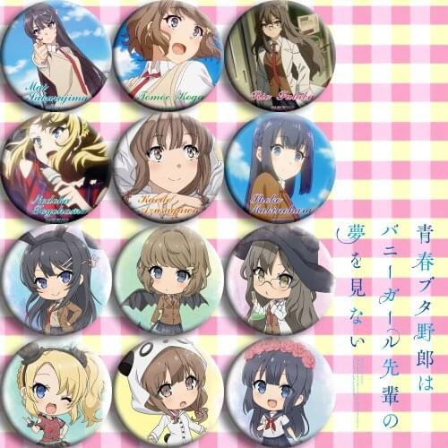 1pc 58mm icons Seishun Buta Yarou wa Sakurajima Mai Kigurumi Azisagawa Sakuta brooch badges