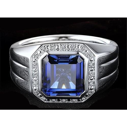 Square Blue Crystal Sapphire Gemstones Bague Zircon Diamonds Rings for Men White Gold Color Fashion Jewelry Business Accessories