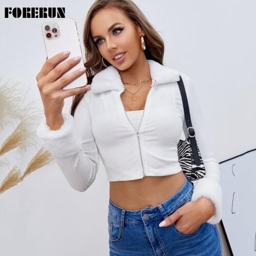 FORERUN Knitted Cardigan Solid Zipper Crop Sweater Fur Turn Down Collar Long Sleeve Tops Winter Autumn Cropped Sweter Mujer 2021