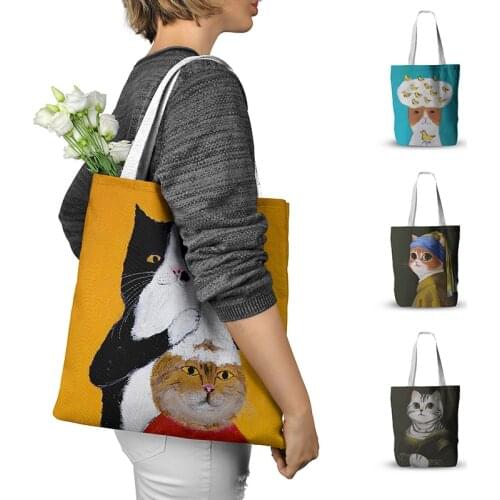 New Women Funny Cat Canvas Bag Cute Art Retro Tote Bag Large Capacity Girl Street Handbag Reusable ECO Shopping Bag Grocery Bag