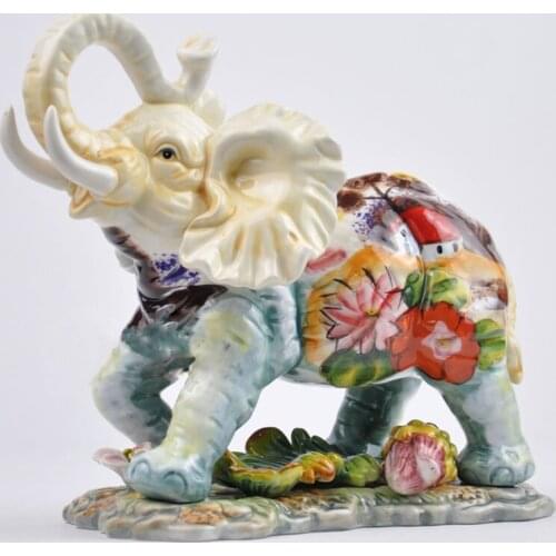 EUROPEAN STYLE HAND PAINTED WATER LILY CERAMIC ELEPHANT CRAFTS HANDICRAFT ORNAMENT PORCELAIN FIGURINES