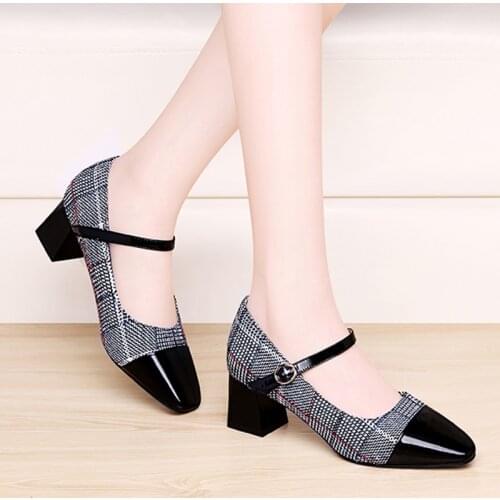 Leather womens shoes Buckle Strap 2021 new mid-heel Mary Jane shoes ladies fashion casual shoes Square Toe catwalk high heels