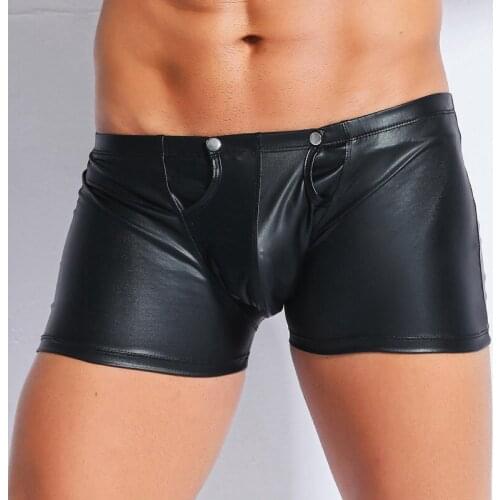 Men Sexy Faux Leather Short Pants Open Crotch Boxer Shorts Clubwear gay fetish latex shorts Pole Dance Lingerie Erotic Underwear