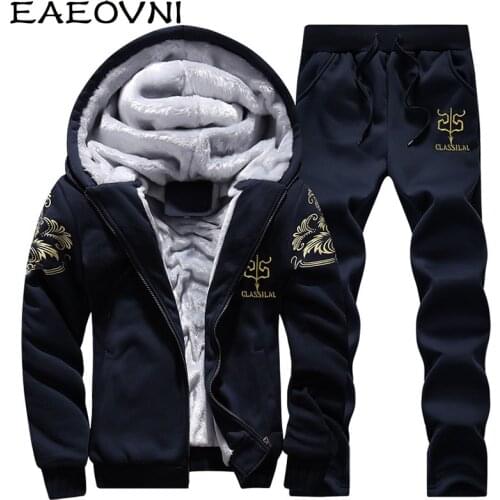 EAEOVNI Fleece Lined Winter Tracksuit Men Hooded Warm Sweatshirts Mens Thicken Tracksuits 2PC Jacket+Pant Men Moleton Masculino