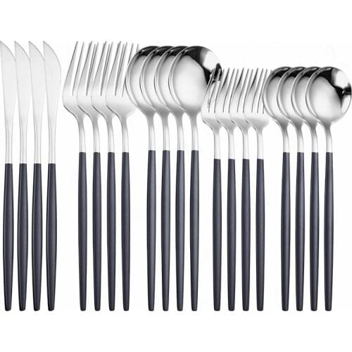 Home Cutlery Set Stainless Steel Tableware Black Silver Dinnerware Set Knife Fork Spoon Dinner Set Kitchen Flatware Dropshipping