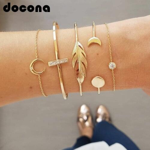 Docona Boho Gold Color Crystal Moon Leaf Layered Bangle Set for Women Geometric Opening Charms Bracelets Set Party Jewelry 6840