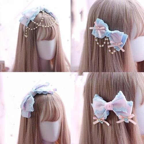 Lolita Hairpin Hair hoop Sweet Japanese Girls Student Hair Clip Kawaii Bowknot Cute Pearl Chain KC Headband Headdress Cosplay