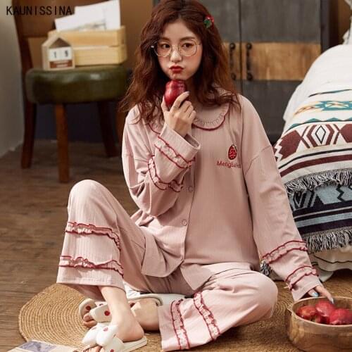 100% Cotton Pajamas Set Women Spring Autumn Sleepwear Long Sleeve Nightshirts Long Pants Two Piece Pajama Sets Female Homewear