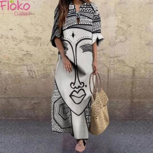 Flokocloset Retro Abstract Face Print V-Neck Loose Maxi Dress Elegant 2021 casual Party Long Dresses Vestidos