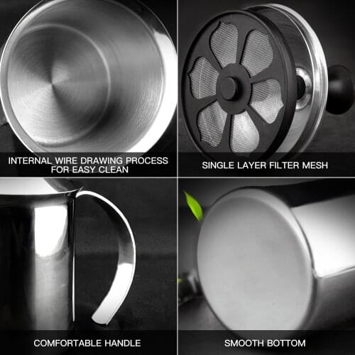 Manual Milk Creamer Hand Pump Milk Frother Coffee Foam Pitcher Single Layer Filter Mesh Stainless Steel Foam Maker w/Handle Lid