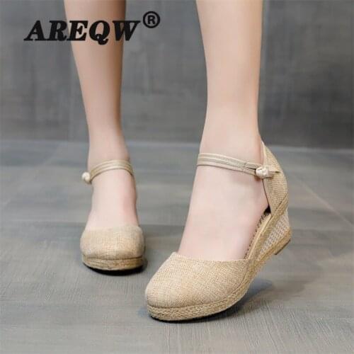 Women Ladies Straw Hemp Rope Sandals Retro Linen Canvas Wedge Round Toe Casual Sandals Singles Shoes Elegant Closed Toe Sandal