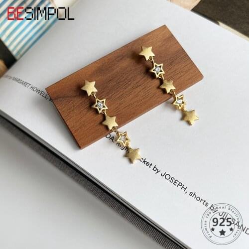Besimpol Special Design Real 925 Sterling Silver Stud Earrings Zircon Full Stars Earrings For Women Fine Jewelry Birthday Gifts