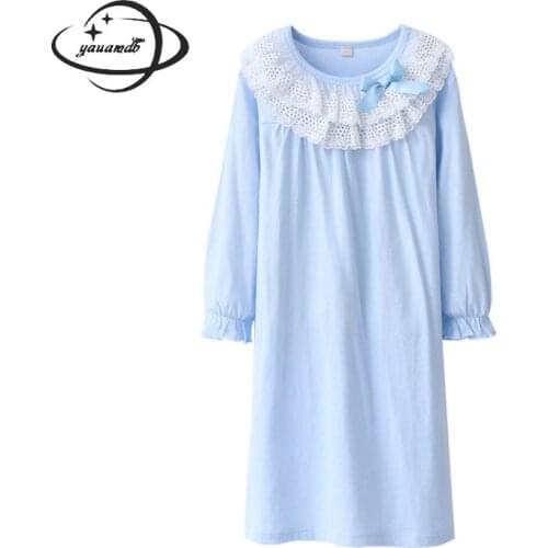 Yauamdb Girls Nightgowns Autumn Winter 5-17y Sleepwear Cotton Childrens Lace Solid Color Clothing Princess Brand Clothes Y43