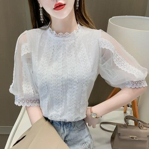 Women Blouse Pullover 2021 New crochet hollow Out Lace Shirts Female Short Sleeve female 2021 Summer blusa feminina 520B